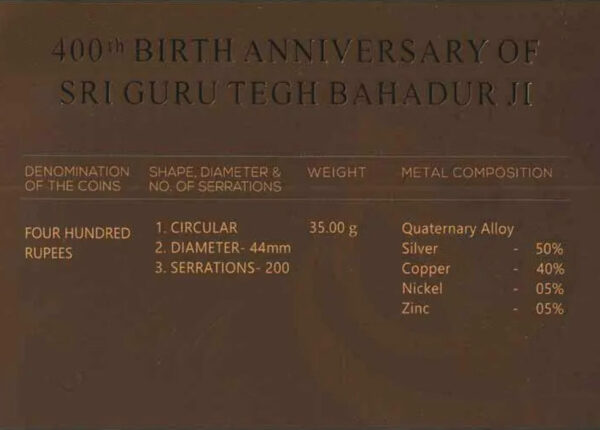 400th Birth Anniversary Of Sri Guru Tegh Bahadur Ji Mumbai Mint UNC Set 2022 Silver 400 Rupees - Image 2