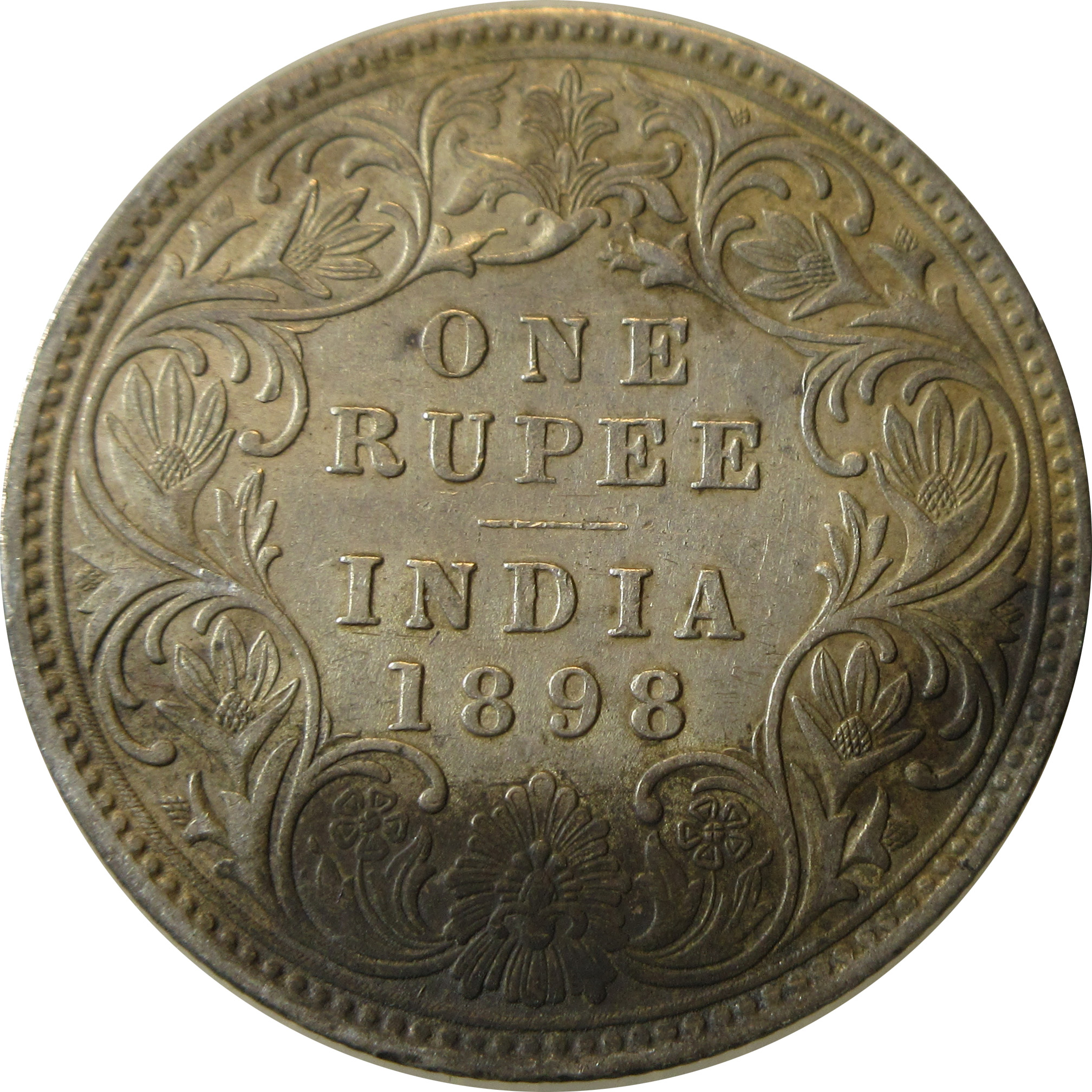 1898 Silver One Rupee Victoria Empress Bombay Mint "Incused B" Rare 8 over 7 - Image 2