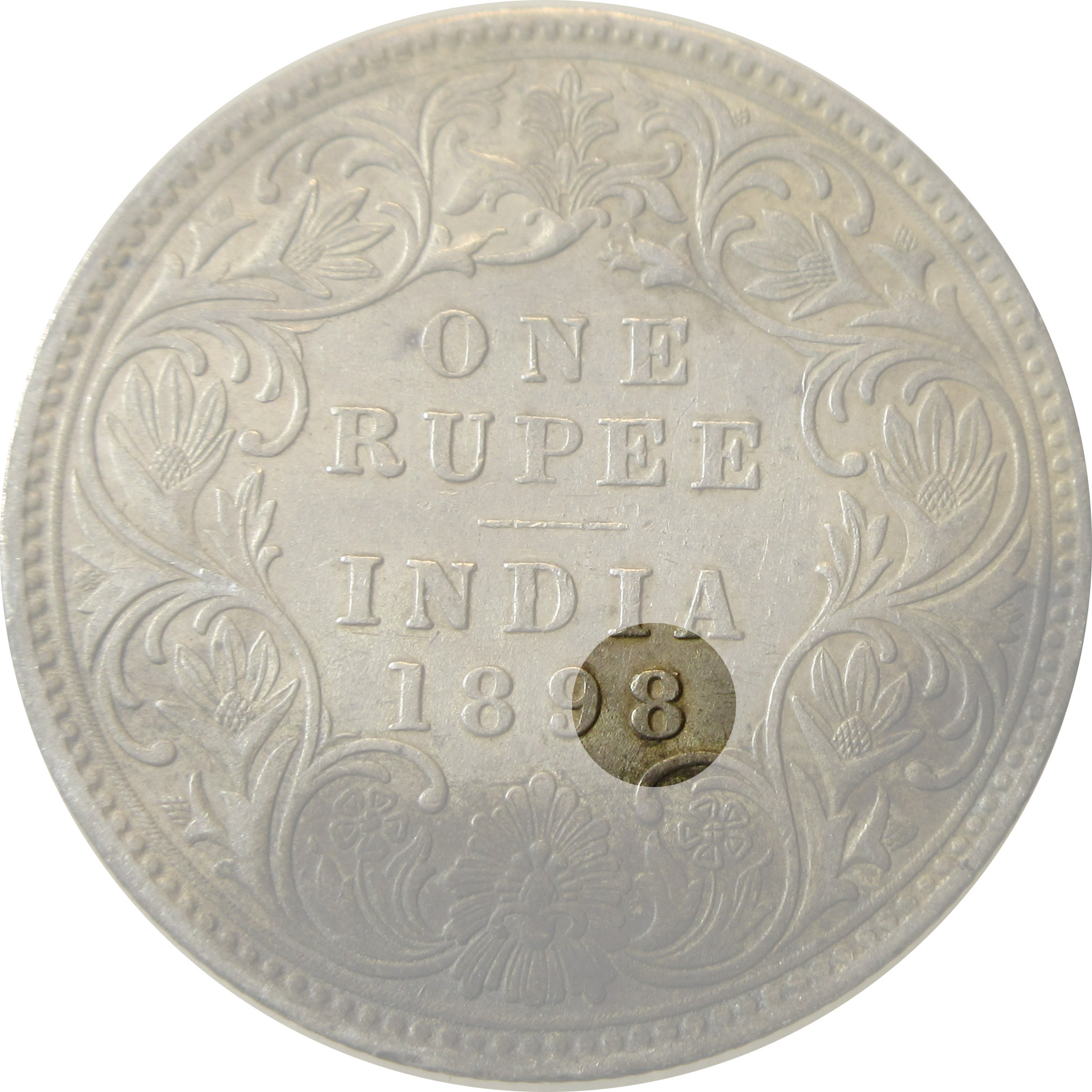 1898 Silver One Rupee Victoria Empress Bombay Mint "Incused B" Rare 8 over 7 - Image 3
