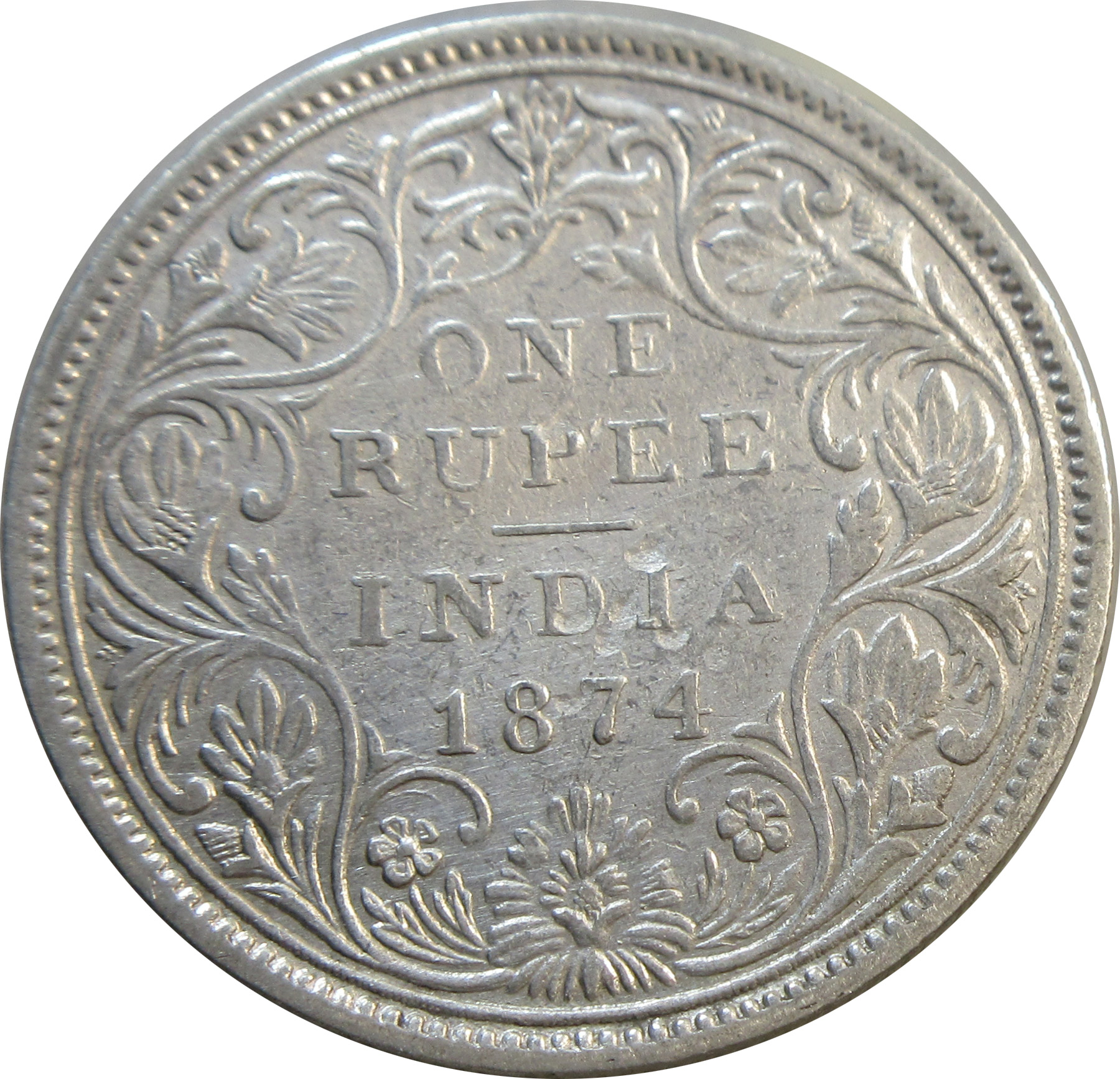 1874 Queen Victoria One Rupee Silver Coin Bombay Mint