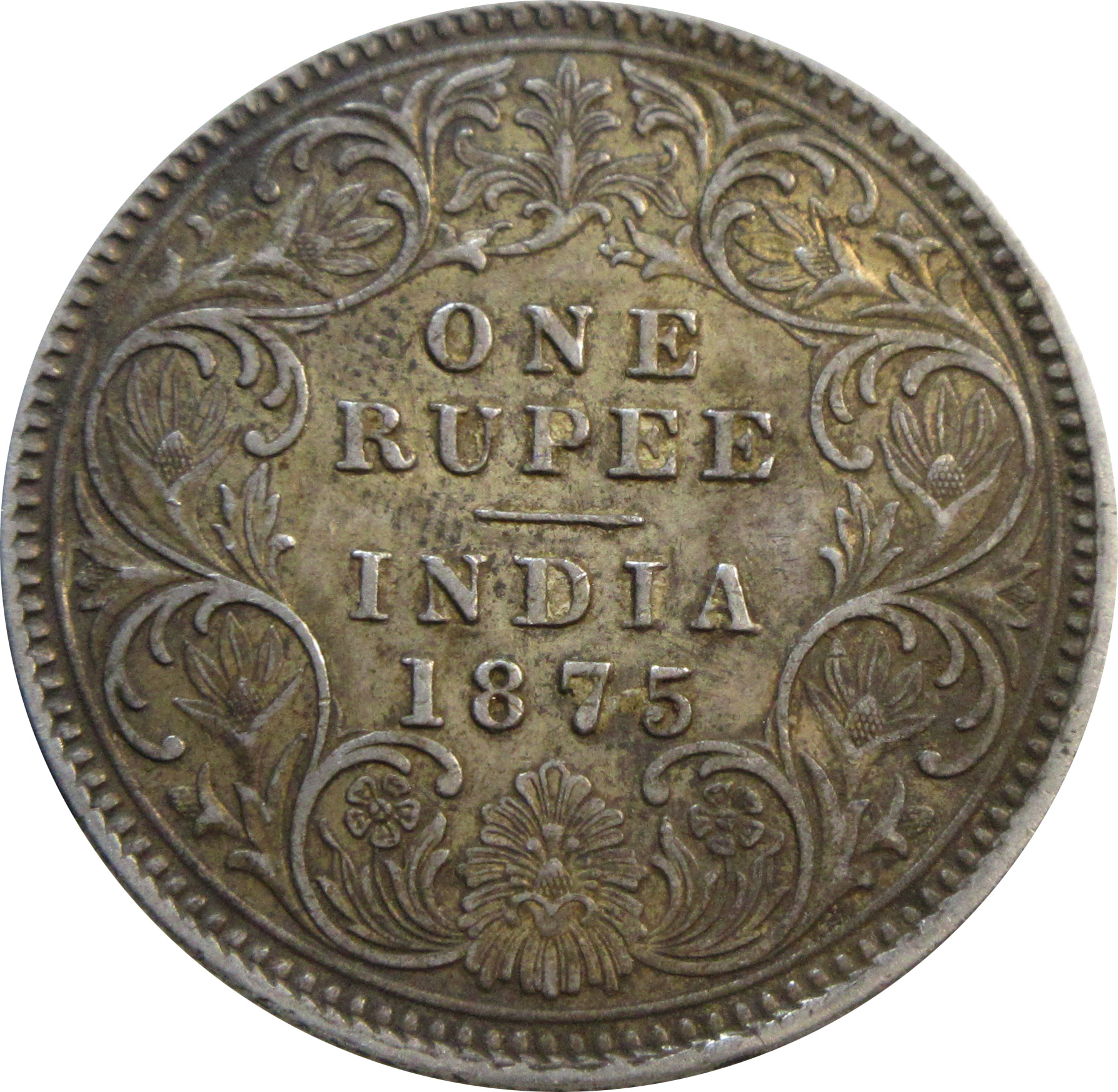 1875 Silver One Rupee Queen Victoria Calcutta Mint | long top stroke of 5 Scarce - Image 2