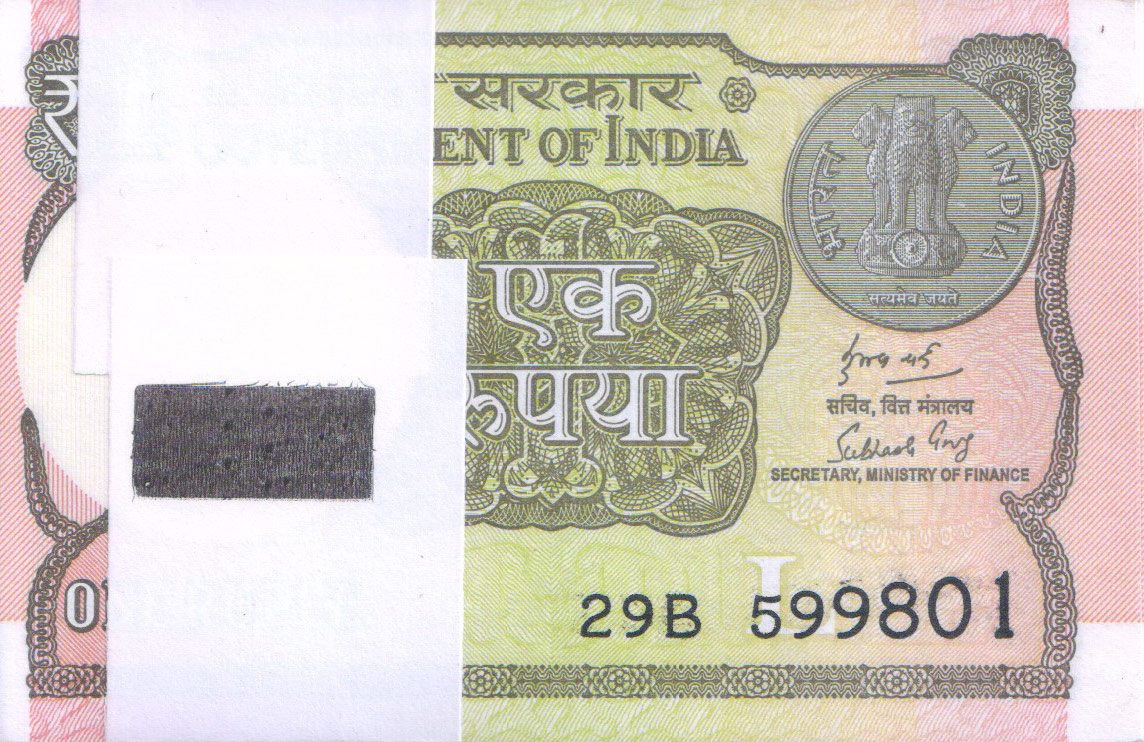 India, 2018 Rupee 1 Complete Serial Bundle of 100 Notes, 29B 599801 to 29B 599900 , Sign. by Subhash Garg, Inset L