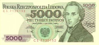 Poland 5000 Złotych banknote 1988 front