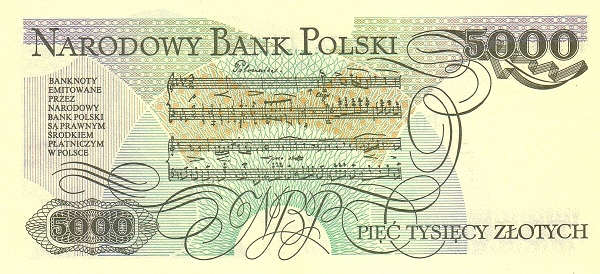 Poland 5000 Złotych banknote 1988 back