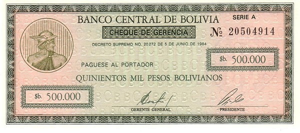 Bolivia 500.000 Pesos Bolivianos | UNC | CHEQUE