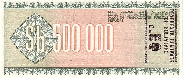 Bolivia 500.000 Pesos Bolivianos | UNC | CHEQUE - Image 2